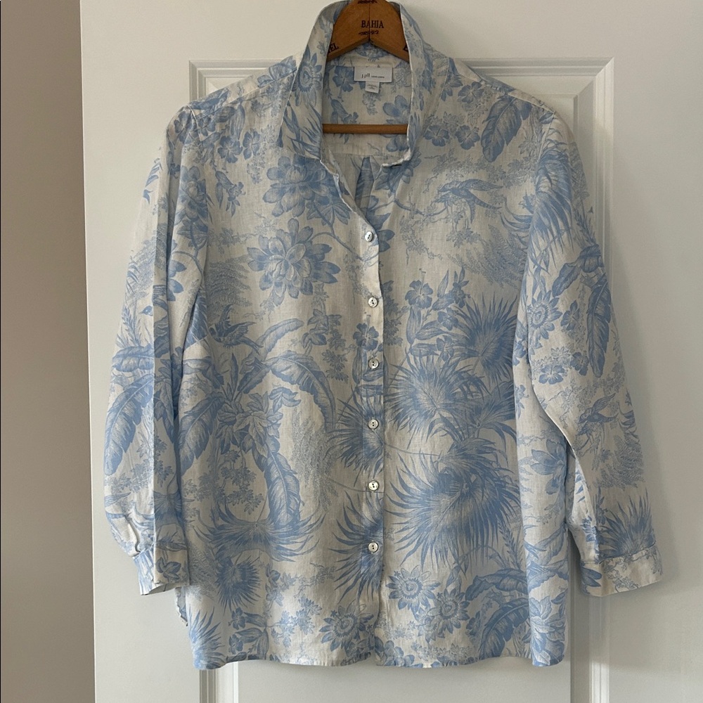 J. Jill Everyday Linen Tropical Floral Print Blouse Sz XL Petite w MEASUREMENTS!
